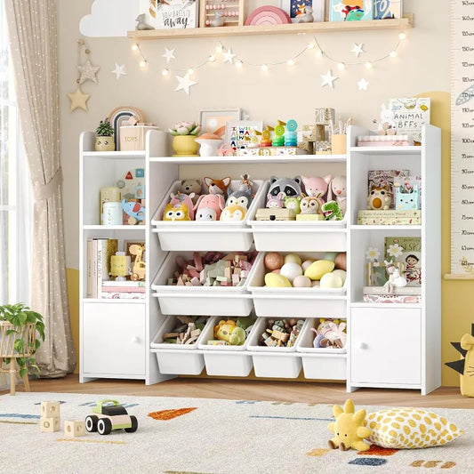 55''Large Toy Storage Organizer with 8 Toy Bins, with Shelf and 6 Storage Cubbies, Bookshelf
