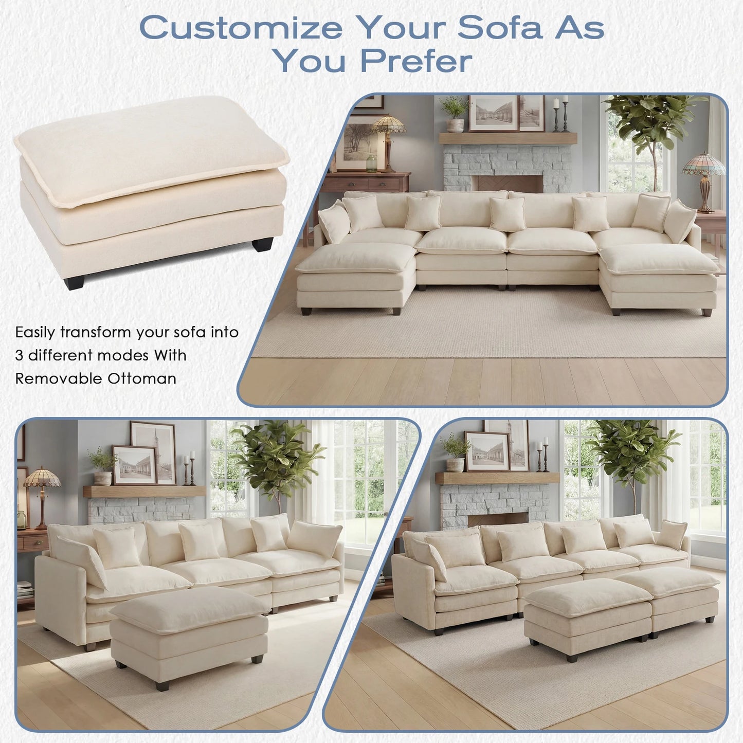 113.4" Modular Sectional Sofa with Ottoman,  Couch with Deep Seat (23.6" D), Solid Wood Frame