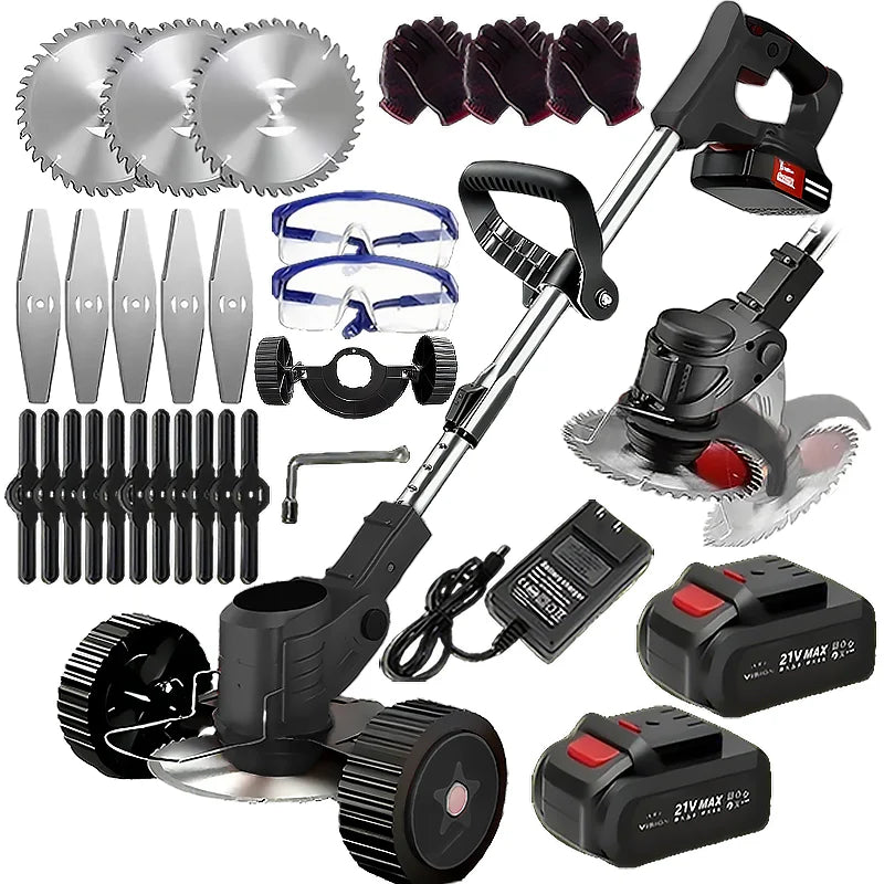 Wireless portable weed trimmer with 2 lithium batteries and comes with replaceable blades