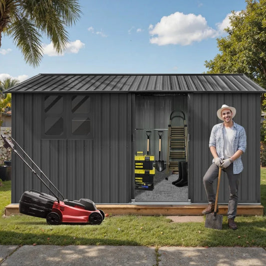 12x10 Ft Storage Shed Outdoor, XL Permanent Steel Building with Window, Sliding Doors and 4 Air Vents for Backyard, Garden, Patio