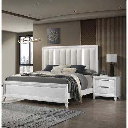 King Size Bed + 2xNightstand 3pc Set, Panel Bed Upholstered Cushion LED Lights Headboard