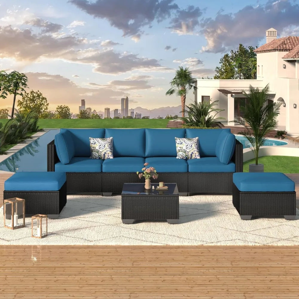7 Piece Outdoor Patio Furniture Set, PE Rattan Outdoor Wicker Sectional Furniture Chair Set with Cushions and Table