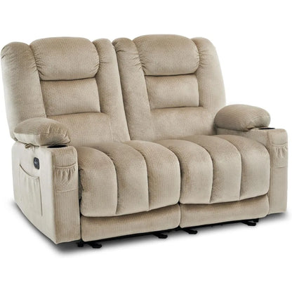 55.9" Power Loveseat Recliner with Heat and Vibration, Fabric Electric Loveseat Recliner, USB Charge Port, Cup Holders