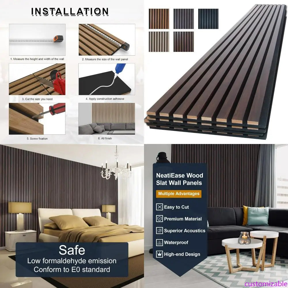 Wood Panels for Wall, 4-Piece 96" x 12.6" Soundproof Wood Slat Wall Panel for Interior Wall Decor Noise Cancelling