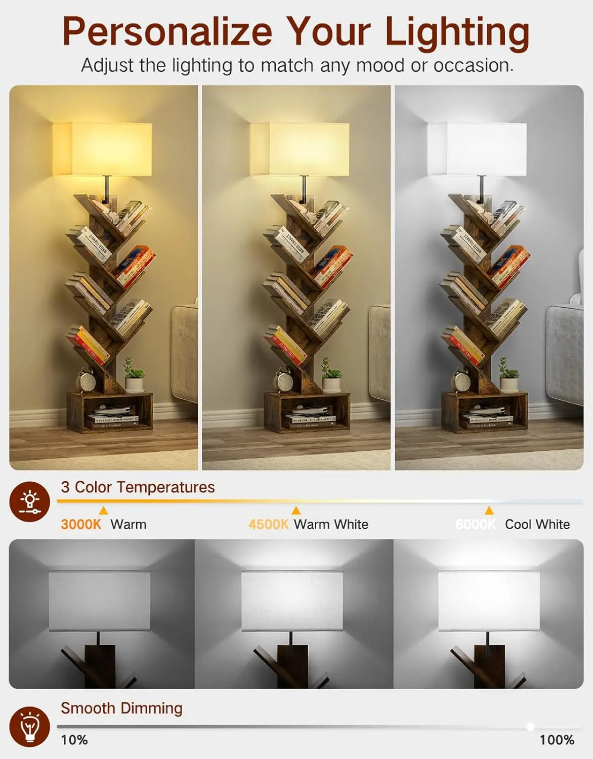 6-Tier Tall  Rustic Bookshelf with Light, Remote & Timer, Modern Narrow Wood Floor Bookcase for Living Room