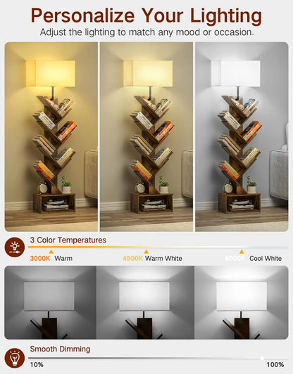 6-Tier Tall  Rustic Bookshelf with Light, Remote & Timer, Modern Narrow Wood Floor Bookcase for Living Room