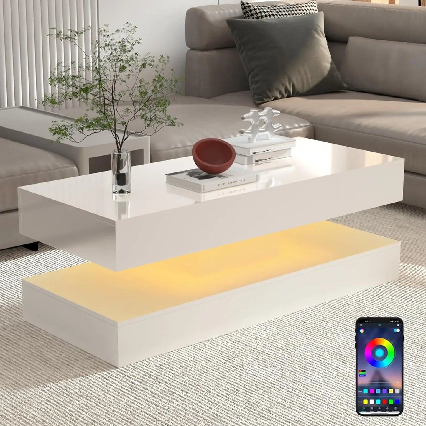 Coffee Table with LED lights, Double-Layer Design for Living Room with 2 Storage Drawers