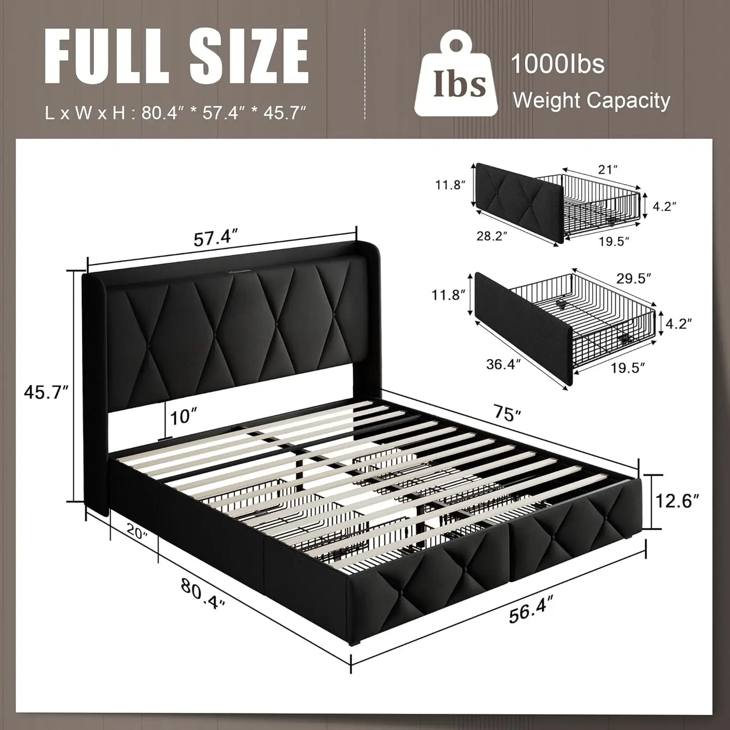 Full Size Bed Frame with Storage Drawers, Charging Station, and Upholstered Headboard - Easy Assembly, Black