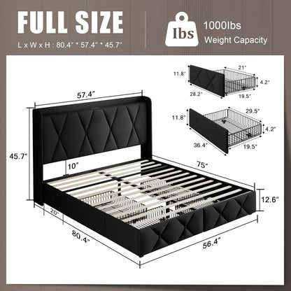 Full Size Bed Frame with Storage Drawers, Charging Station, and Upholstered Headboard - Easy Assembly, Black