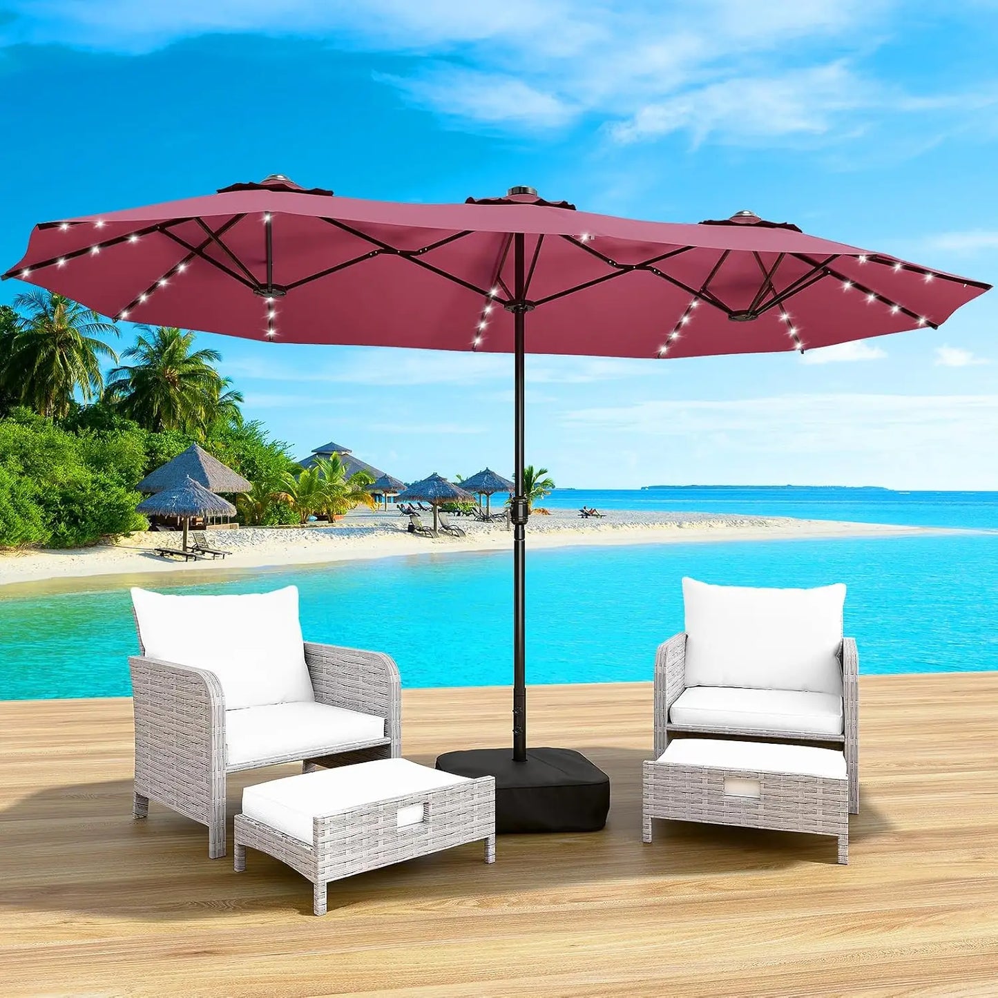 LEVELEVE 15FT Large Patio Patio Umbrella with Base & Solar LED Lights - Double-Sided,Kahaki