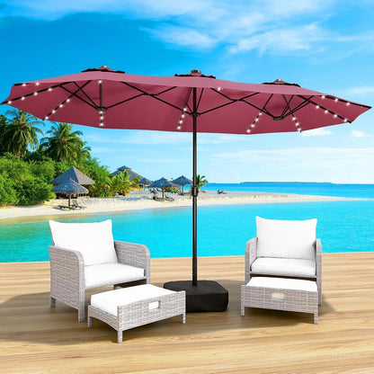 LEVELEVE 15FT Large Patio Patio Umbrella with Base & Solar LED Lights - Double-Sided,Kahaki