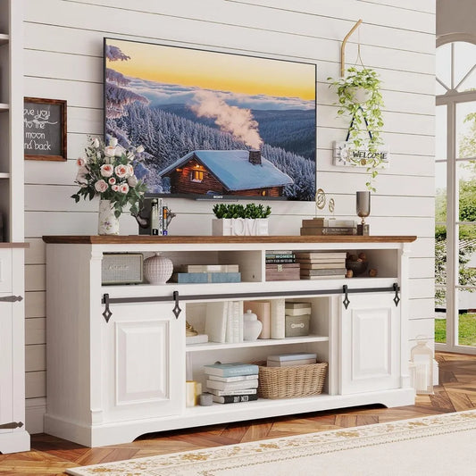 Farmhouse TV Stand, Entertainment Center with Storage Cabinets and Sliding Barn Door, Media Console