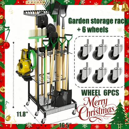 garden tool rack, patio tool tower, garage organization and storage, heavy-duty steel garden tool rack