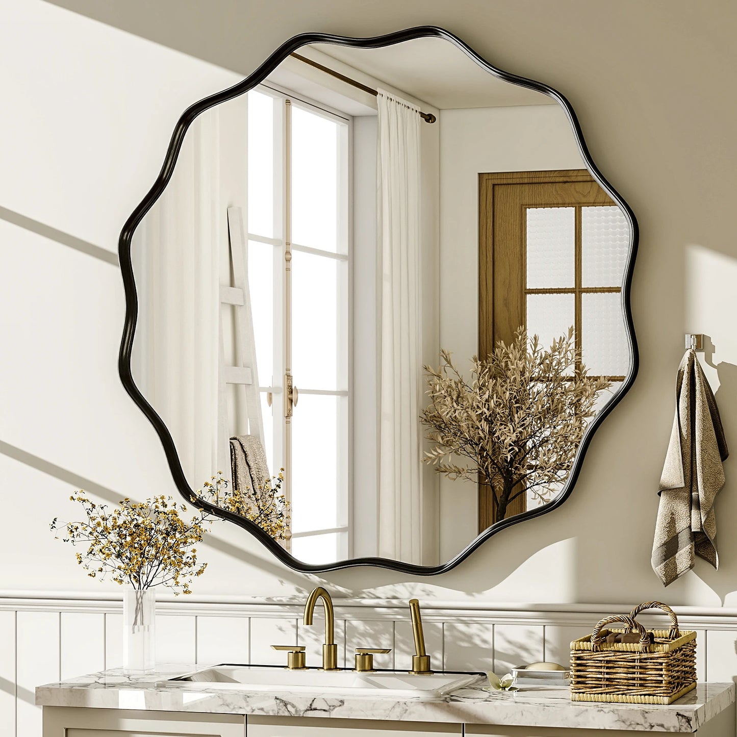 Wavy Round Bathroom Mirror Decorative Wall Mirror with Deep Frame