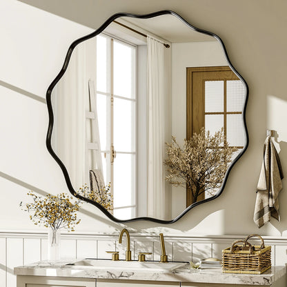 Wavy Round Bathroom Mirror Decorative Wall Mirror with Deep Frame