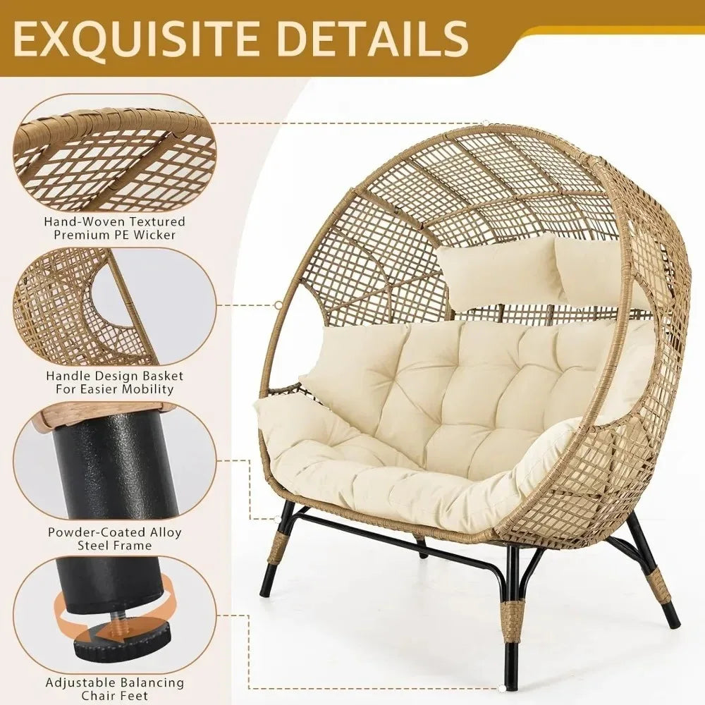 Lounge Chairs-Double Egg Chair Indoor Outdoor Stationary Thicken Padded Cushions,680 lbs，