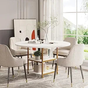 Round Dining Table for 4 People with 2-Tier Storage Shelves