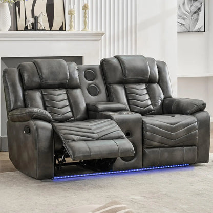 Manual Recliner Loveseat with Bass Speaker, Faux Leather Reclining Love Seat with LED Lights, USB Charger, Cup Holder