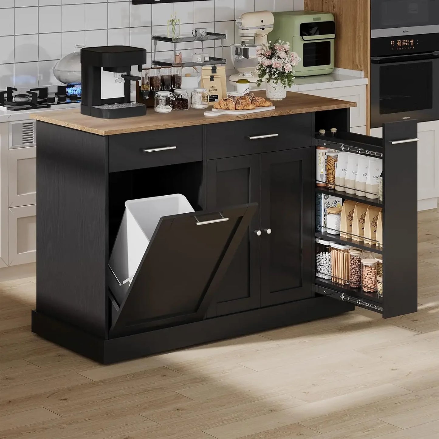 Kitchen Island with Trash Can Storage, 52" Kitchen Rolling Island with Marble Countertop & Pull Out Spice Rack