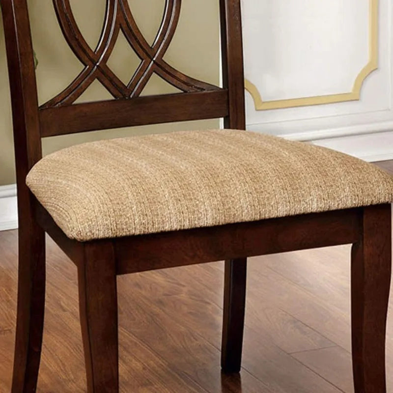 Dark Brown Wooden Dining Chair with Lattice Backrest Beige Fabric Seat Classic Style Dining Room Furniture for Home