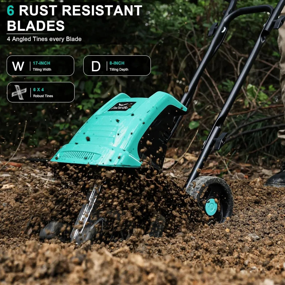 Tiller Cultivator 17 inch 15 Amp, 6 Steel Tines Tillers for Gardening, Electric Rototiller for Yard