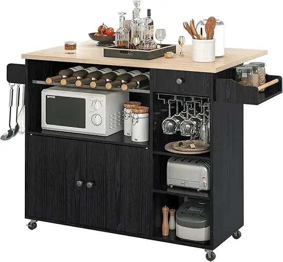 Rolling Kitchen Island Cart with Drop-Leaf and Wine Rack,  Serving Cart on Wheels with Drawer & Shelves