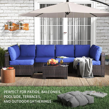7-Piece PE Rattan Sectional Patio Set, Wicker Outdoor Sofa With Cushions & Glass Coffee Table