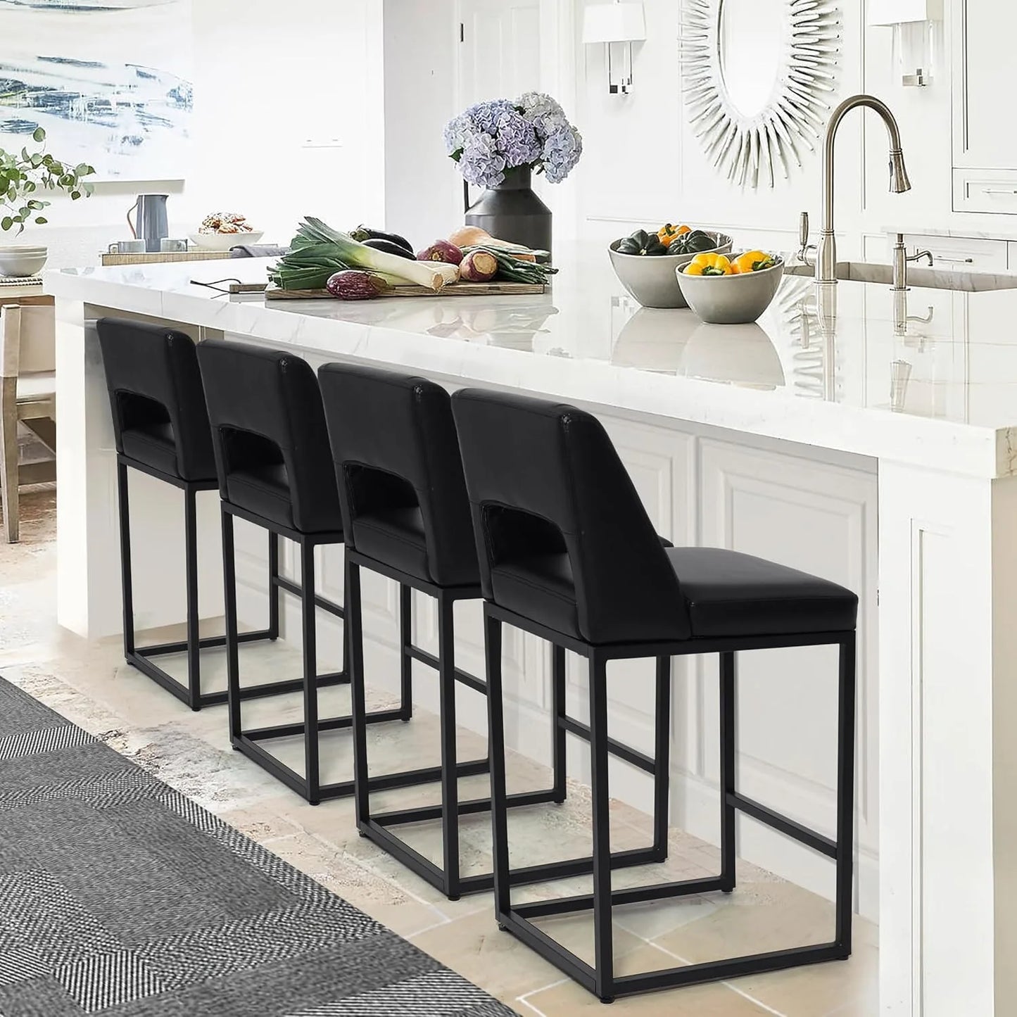 Black Upholstered Counter-Height Bar Stools, Set of 4 – Modern Kitchen Island Chairs with Backs