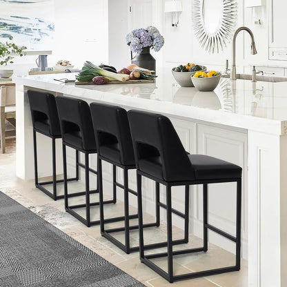 Black Upholstered Counter-Height Bar Stools, Set of 4 – Modern Kitchen Island Chairs with Backs