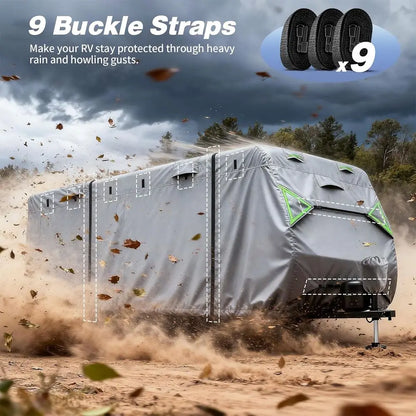 7 Layers Waterproof Camper Cover with Tongue Jack Cover, Windproof Travel Trailer Cover with Gutter Cover, Fit for 27-30ft