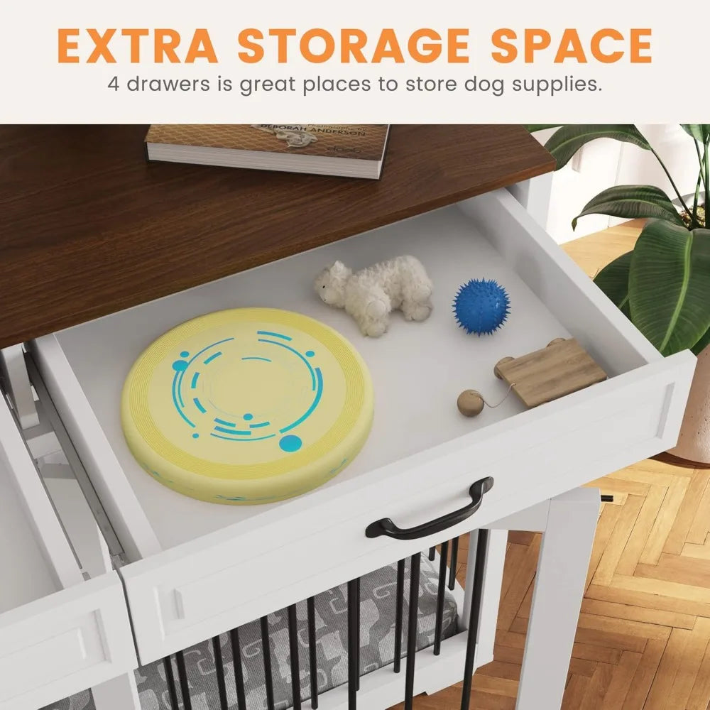 , 92.9" Wooden Dog Crate Kennel with 4 Drawers and Divider, XXXL Heavy Duty Dog Crates