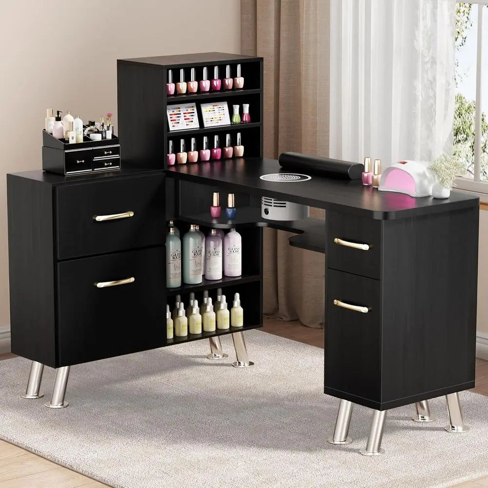 L-Shaped Manicure Desk with Dust Collection, Storage, and Wrist Rest - Black Nail Technician Workstation