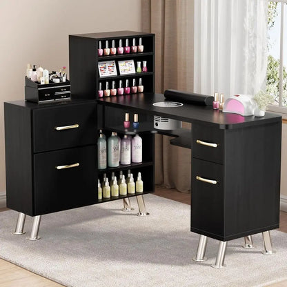 L-Shaped Manicure Desk with Dust Collection, Storage, and Wrist Rest - Black Nail Technician Workstation