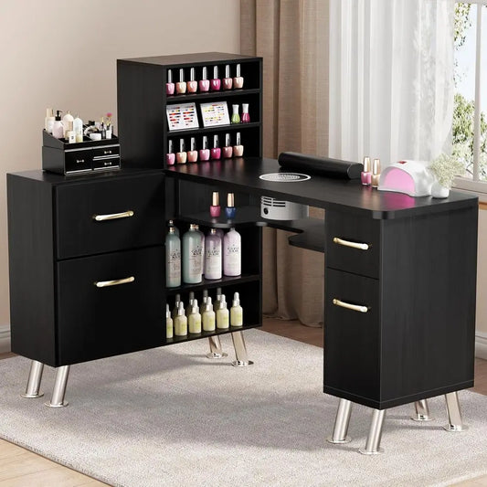 L-Shaped Manicure Desk with Dust Collection, Storage, and Wrist Rest - Black Nail Technician Workstation