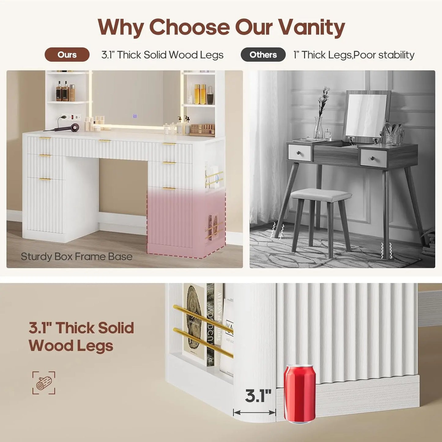 51.2" Fluted Makeup Vanity Desk, 5 Drawer , 6 Open Shelves, Modern Dressing Table-White