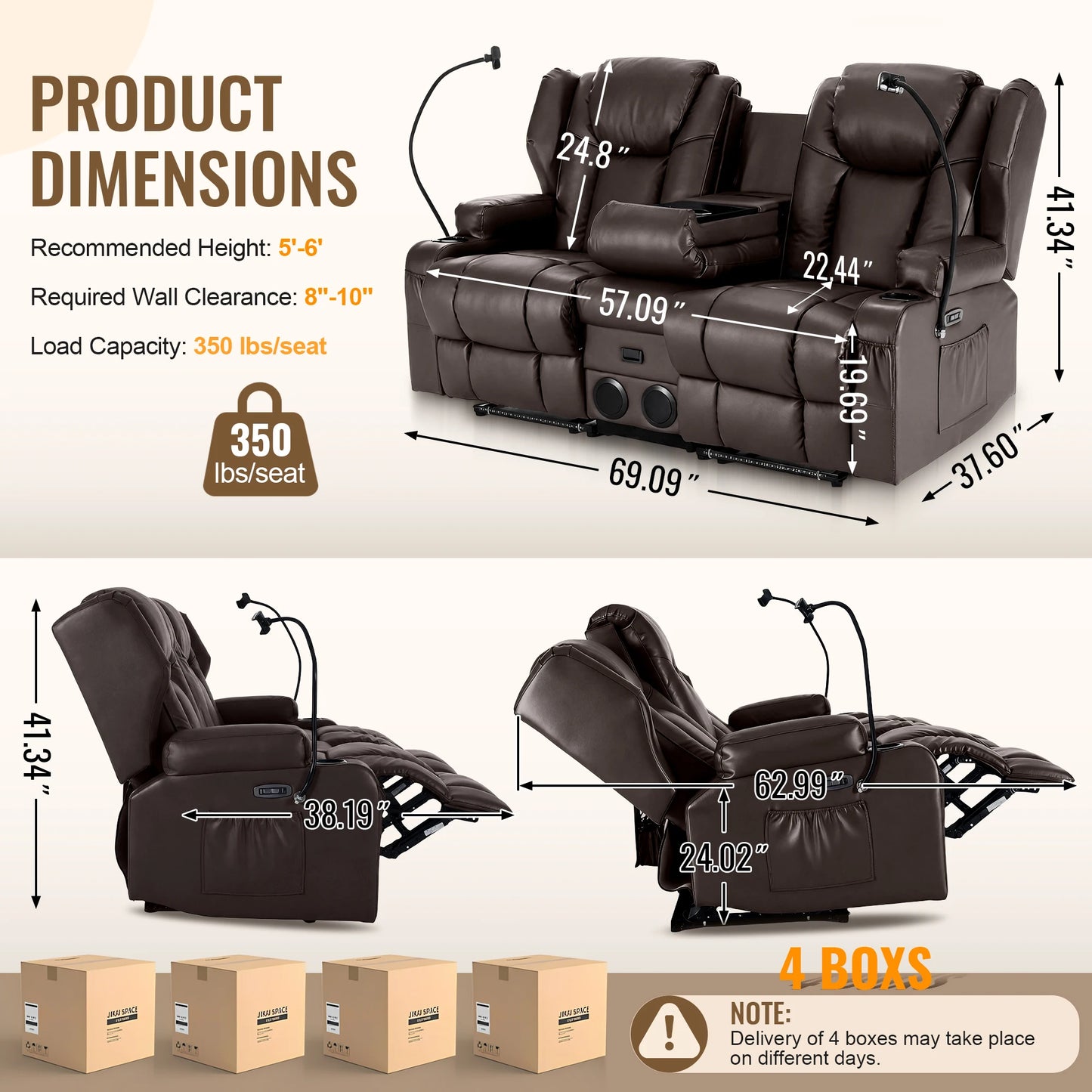 Loveseat Electric Recliner Sofa for Seniors, Massage & Heat,Dual Motor,350LBS Capacity,Cat-Claw Leather,For Living Room