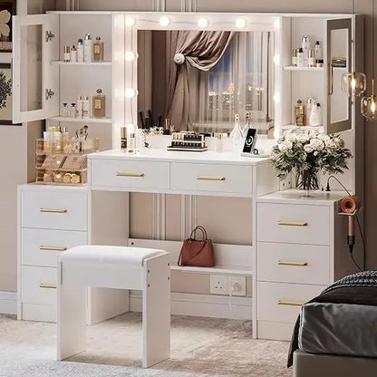 58.3 Large Vanity Desk with Mirror & Lights, Makeup Vanity with 10 LED Lights, 8 Metal Sliding Drawers & 2 Cabinets
