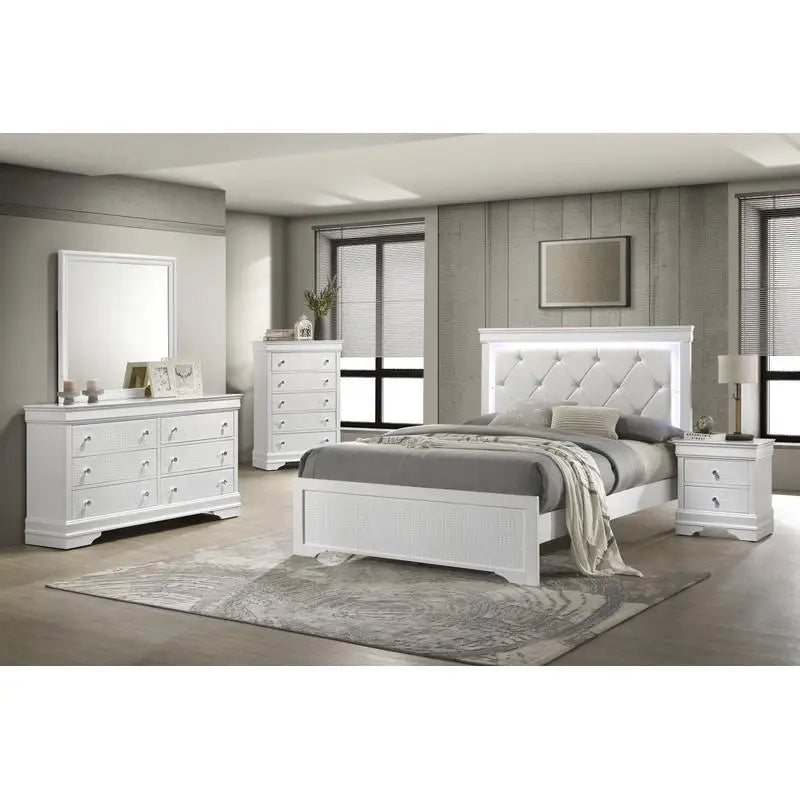 Modern 5-Pc Twin Bedroom Set with LED Headboard, Made of Wood in White Finish