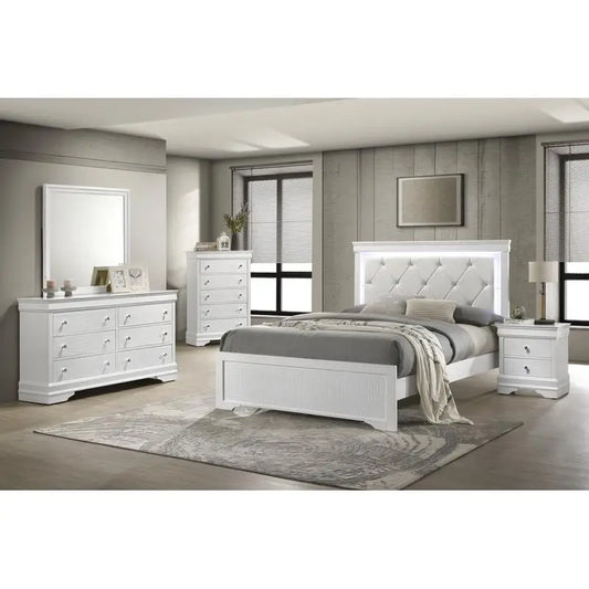 Modern 5-Pc Twin Bedroom Set with LED Headboard, Made of Wood in White Finish
