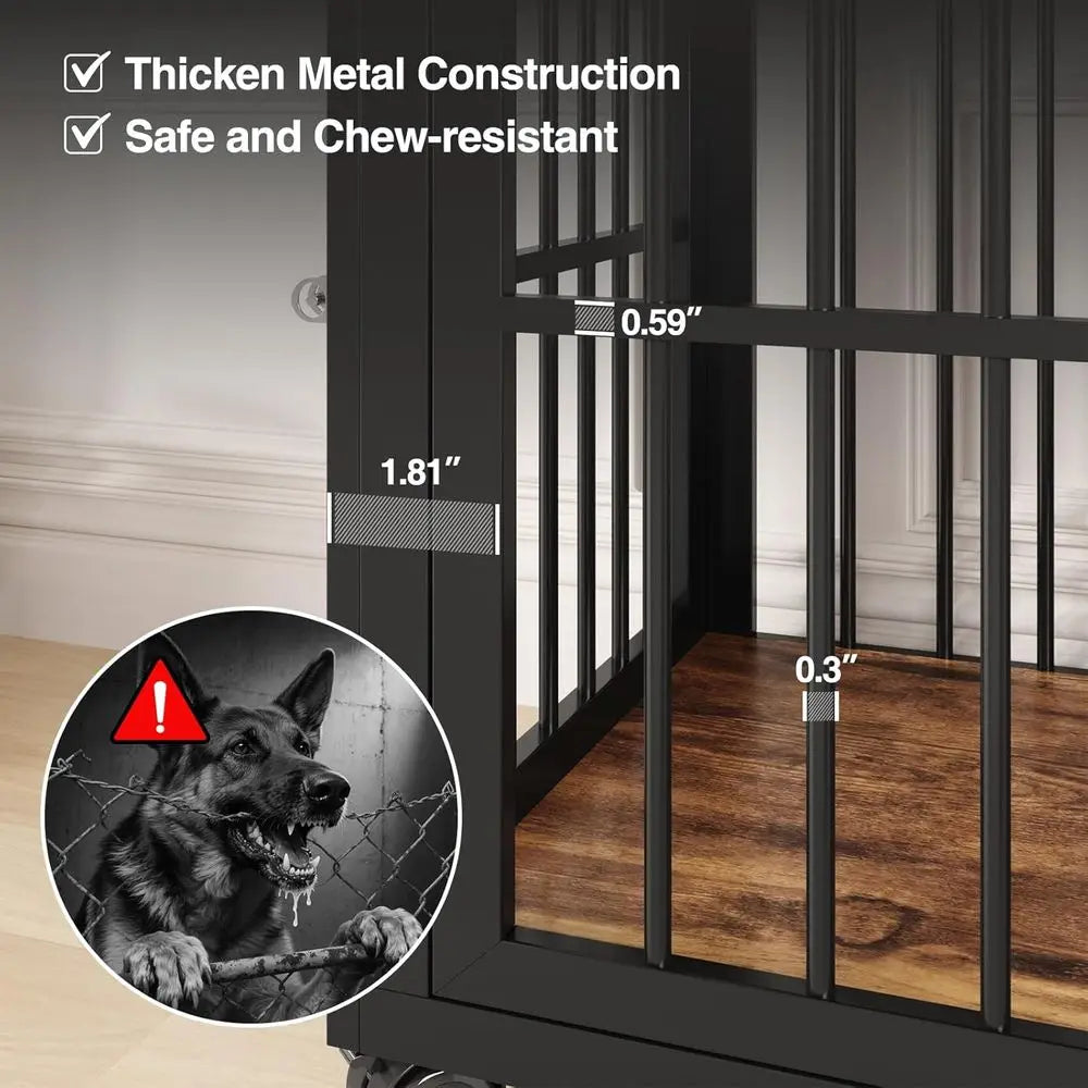 39.4" Dog Crate for Medium and Large Breed, Dog Kennel with Storage Shelf & Lockable Wheels, Heavy Duty Wood