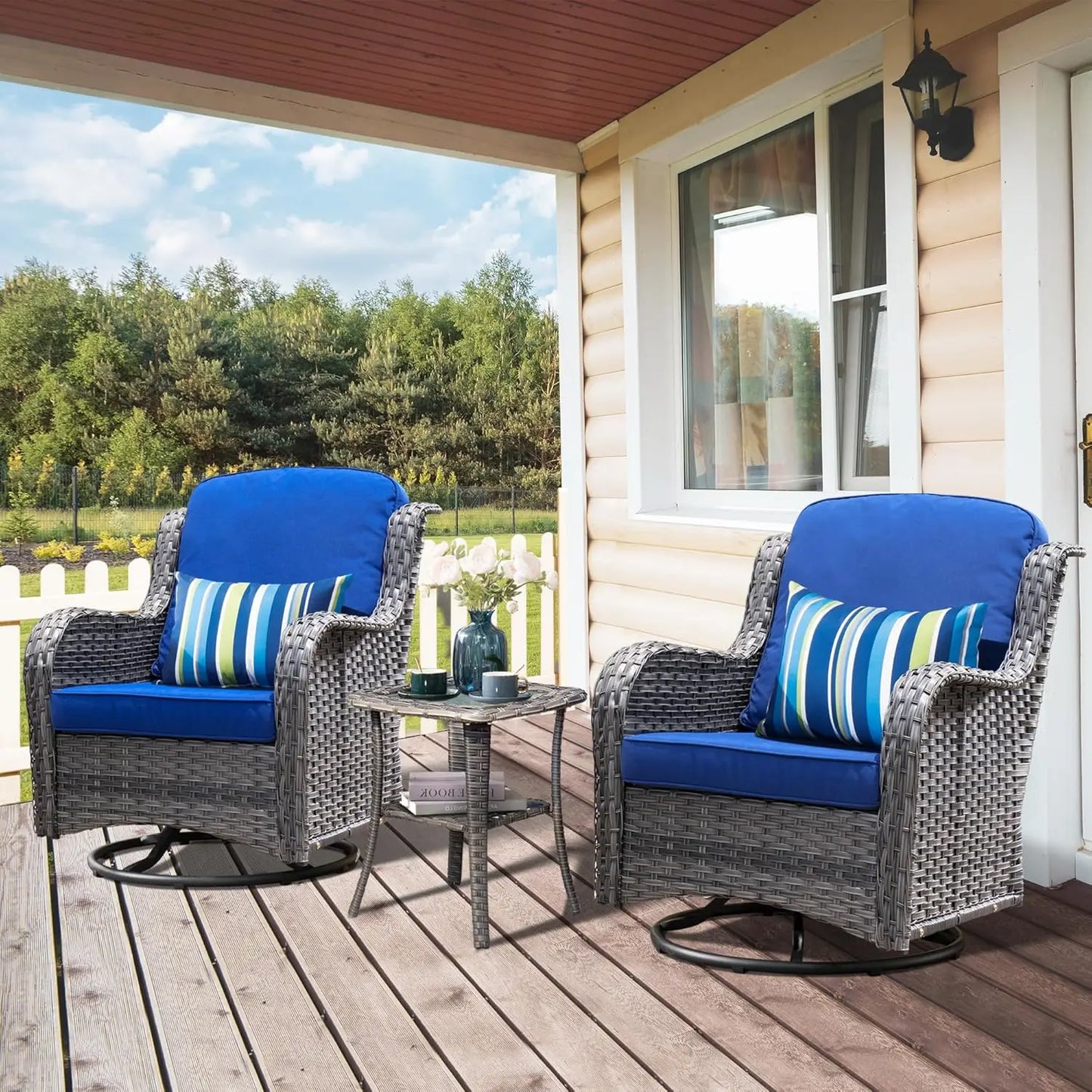 Luxury, Outdoor, Swivel Rocker Patio Chairs with Thick Cushions and Side Table,3 PCS High Back
