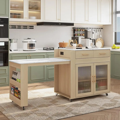Marble Grain Top Rolling Kitchen Island Cart - Extendable Dining Table & Power Outlet for Organization
