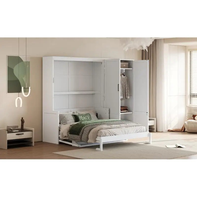 Queen Size Murphy Bed Wall Bed with Closet - White, Space-Saving Design, Ideal for Small Living Areas,