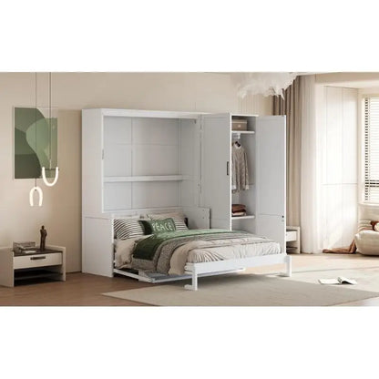Queen Size Murphy Bed Wall Bed with Closet - White, Space-Saving Design, Ideal for Small Living Areas,