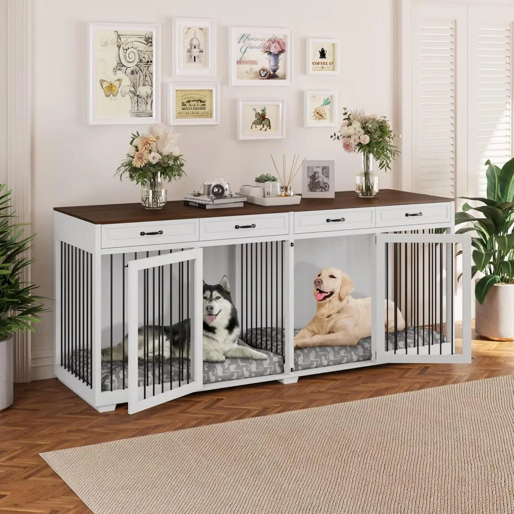 , 92.9" Wooden Dog Crate Kennel with 4 Drawers and Divider, XXXL Heavy Duty Dog Crates