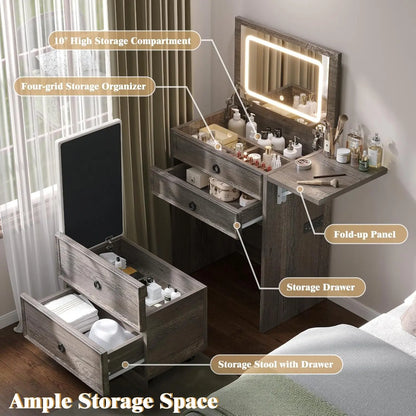 NEW 3-in-1 Vanity Set with LED Lighted Flip Top Mirror, Makeup Table with Fold-Up Panel, Hidden Stool, Charging Station