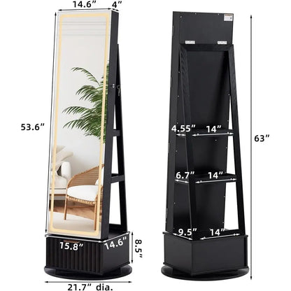360° Swiveling Lockable Jewelry Cabinet with Mirror, LED Lights, and Storage Drawers