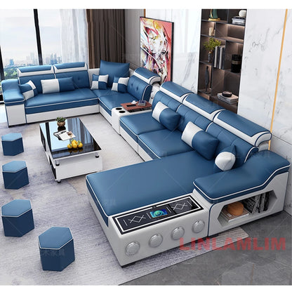 Sectional Sofa Set with Chaise Lounge, Bluetooth Speakers, and USB Charging Ports