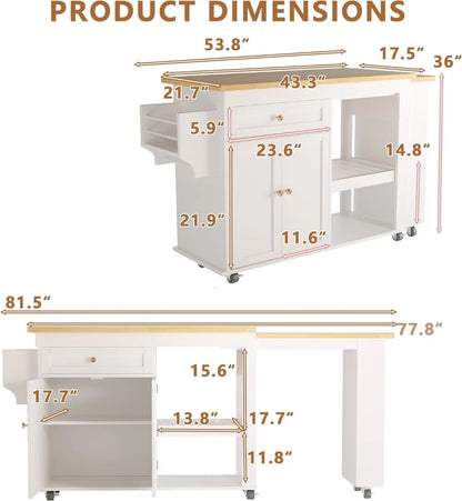 81.5" Extendable Kitchen Island with Dining Table, Rolling Cart with Wheels, Spice Rack, Drawer & Cabinet