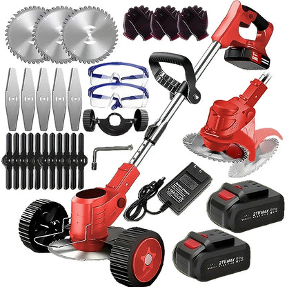 Wireless portable weed trimmer with 2 lithium batteries and comes with replaceable blades